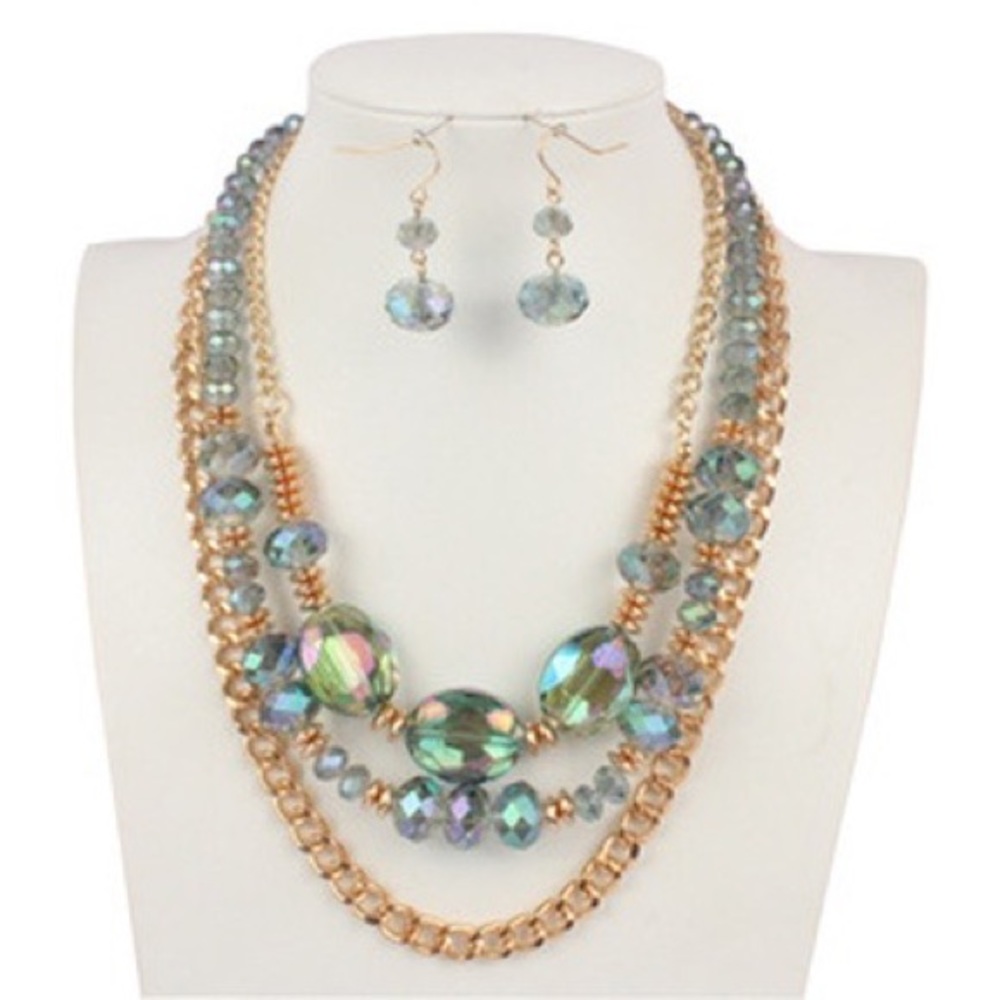 Green and Gold 3 Layer Beaded Necklace and Earrings Set